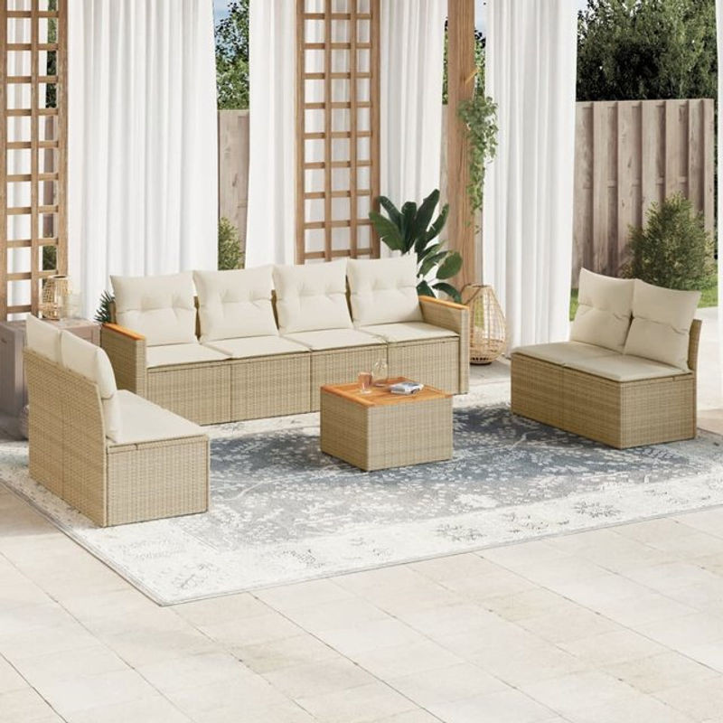 Vidaxl Gartenmöbel-Set aus Polyrattan und Akazie mit Kissen, 9-teilig, Beige - Bild 1