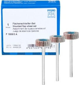 PFERD Fächerschleifer-Set Korund für Feinschliff und Finish, Schaft-Ø: 3 mm, Durchmesser: 15 mm, Breite: 5 mm, Körnungen: 80, 120 und 180, Mehrfarbig - Bild 1