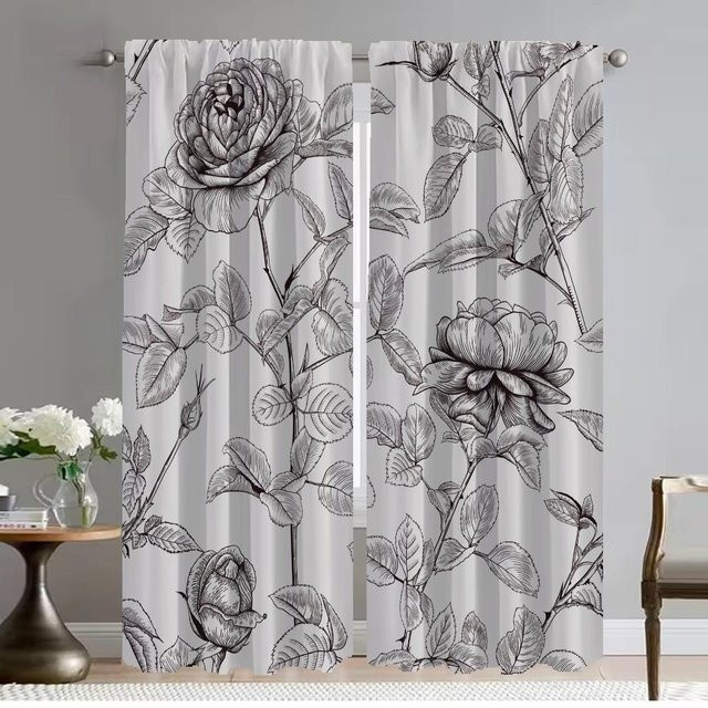 2er-Set Verdunkelungsvorhänge mit Blumenmuster in Schwarz-Weiß, Raumteiler für moderne Dekoration, Breite: 50 cm, Höhe: 70 cm - Bild 1