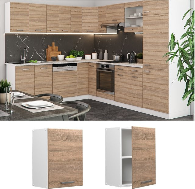 Vicco Hängeschrank R-Line Küchenschrank in Weiß und Sonoma mit Türen und Fächern, Breite: 45 cm - Bild 1