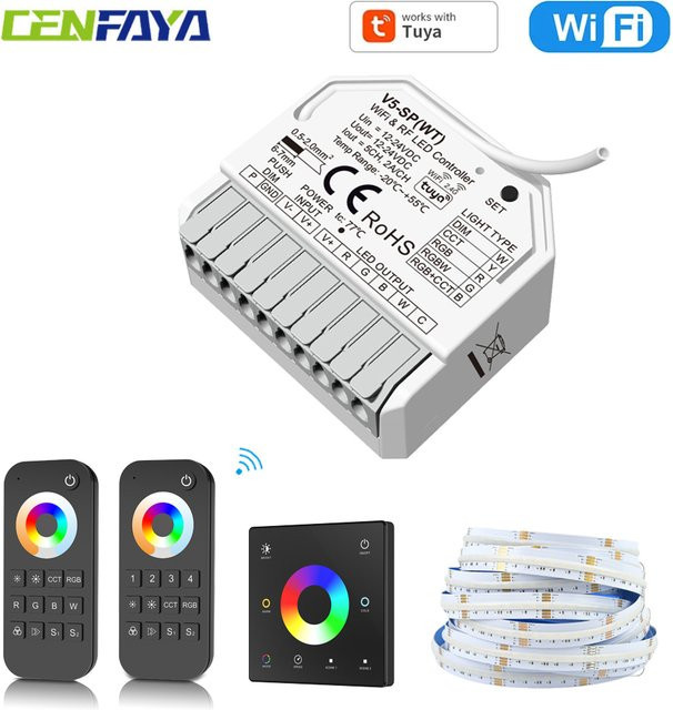 Tuya CENFAYA WiFi 5CH LED Controller für 24V COB RGB + CCT Streifen mit 2,4G RF Touch Panel und Fernbedienung, kompatibel mit Alexa und Google Assistant - Bild 1