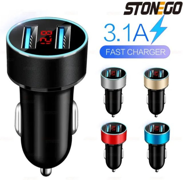 STONEGO Dual-USB-Autoladegerät mit LCD-Display und Voltmeter, 3,1 A, Schwarz, 12–24 V - Bild 1