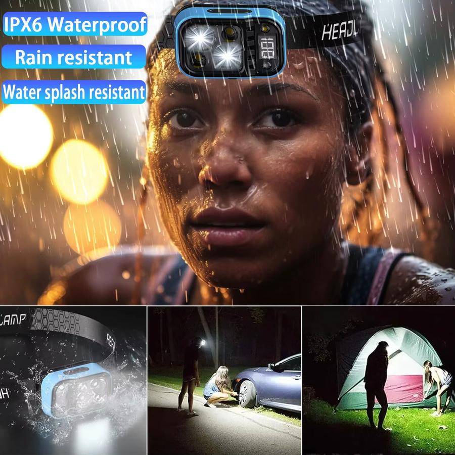 XIWANGFIRE Wiederaufladbare Sensor-Stirnlampe mit 1500 lm LED, weißes und rotes Licht, wasserdicht für Camping, Wandern und Notfälle - Bild 6