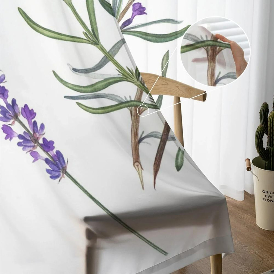 Yiran Furniture Transparenter Tüll-Vorhang mit Lavendel- und Blättermuster in Lila und Grün, Organza-Voile-Drapierung für Wohnzimmer und Schlafzimmer, Breite: 135 cm, Höhe: 115 cm - Bild 1