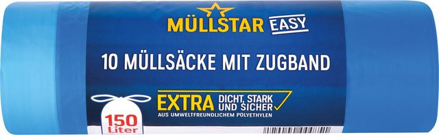Müllstar Easy Müllsäcke 150 Liter mit Zugband, blau/transparent, 10 Stück - Bild 1