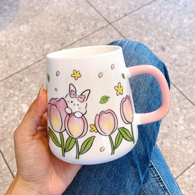 Keramiktasse mit Deckel Yiran toy 1 Cartoon Hase in Pink und Weiß, 450,5 ml - Bild 1