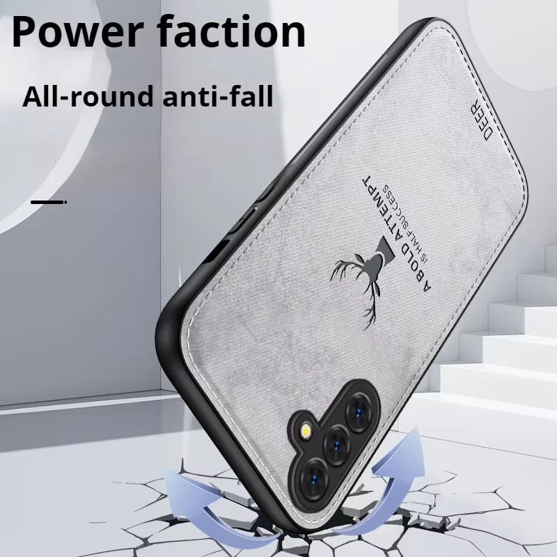NMEGOU Hirschkopf Handyhülle aus Stoff und Leder für Samsung Galaxy S25, S24 Ultra, S23 FE, A55, A56, A16 5G in Blau und Grau - Bild 3