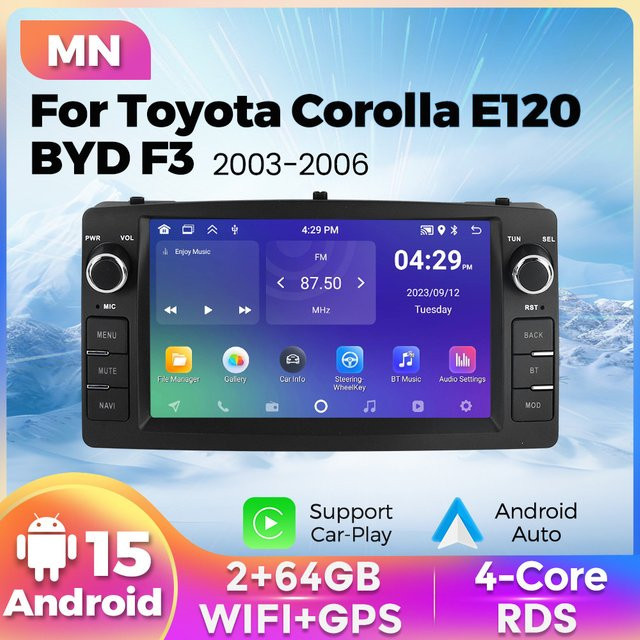NAVIFANS 2-DIN Autoradio mit Carplay und Android 15 sowie GPS für Toyota Corolla E120 2003 - 2006 und BYD F3 in Schwarz - Bild 1