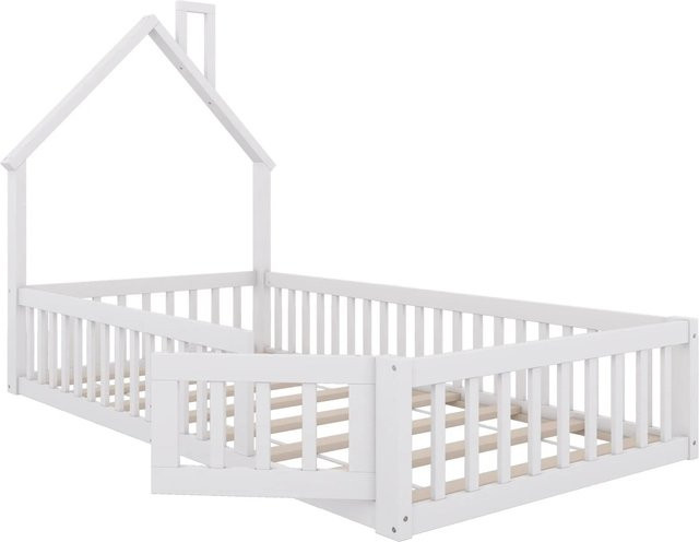 okwish Kinderbett Hausbett in Schornsteinform aus Kiefernholz und MDF, Weiß, B/T/H: 200 x 90 x 120 cm - Bild 1