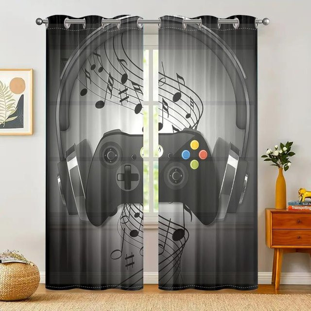 2er-Set Vorhänge mit Retro-Kopfhörer und Gamecontroller-Motiv in Schwarz, halbtransparent, B: 150 cm, H: 166 cm - Bild 1