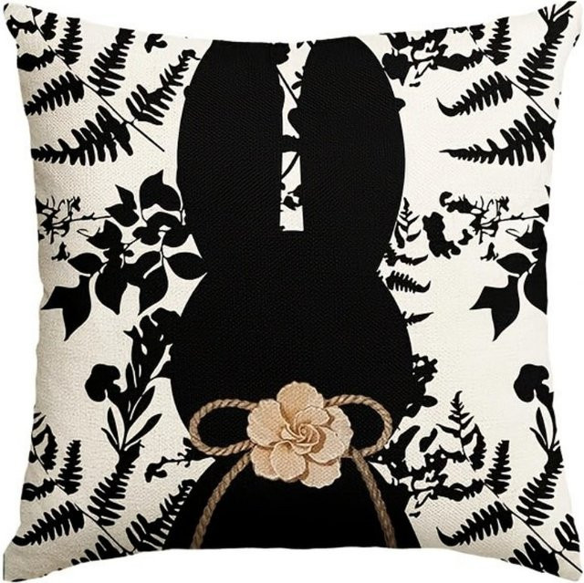 VIKAMA Kissenbezug mit Blumen-Häschen-Tiermuster in Schwarz-Weiß, quadratisches Dekokissen für Sofa und Schlafzimmer, B/B/H: 40 x 40 x 40 cm - Bild 1