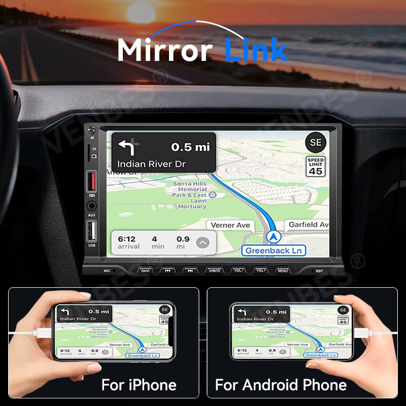 VENBES 1 DIN Autoradio mit 7 Zoll HD Touchscreen, Spiegelverbindung, Bluetooth 5.0, USB, TF, FM und Rückfahrkamera in Schwarz - Bild 3