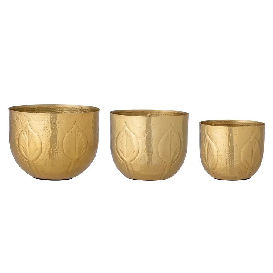 Bloomingville Bati Blumentöpfe aus Metall in Messing Gold, Set von 3 mit Blattmuster - Bild 1