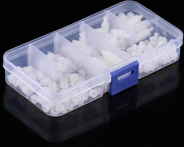 Fishine M3 Nylon Abstandshalter Set mit Sechskant Außengewinde Innengewinde Schrauben und Muttern in Weiß inklusive Sortimentskasten, 180 Stück - Bild 1
