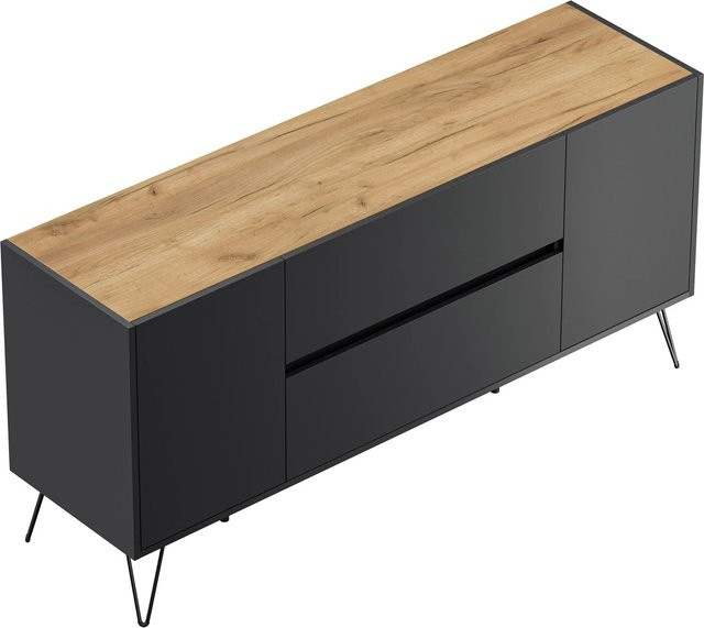 Posseik Sideboard Industrial mit 2 Schubladen und 2 Türen in Grafit und Eiche, Breite: 155 cm - Bild 1