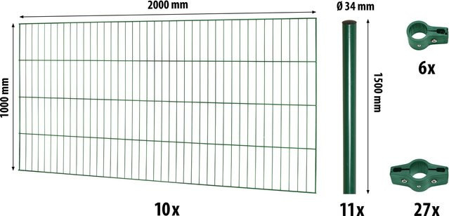 Floraworld Einstabmatten Zaunset Classic Grün, pulverbeschichtet aus Stahl, Höhe: 100 cm, Breite: 2000 cm - Bild 1