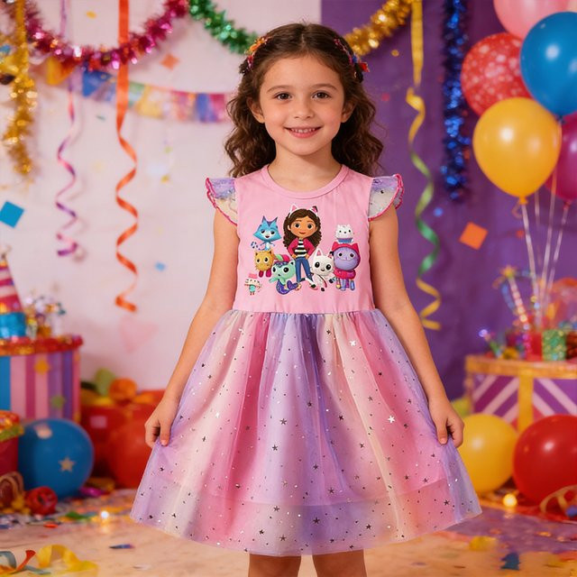 LZH Prinzessin Kleid, Mesh Stern Pailletten, Rosa / Pink - Bild 1