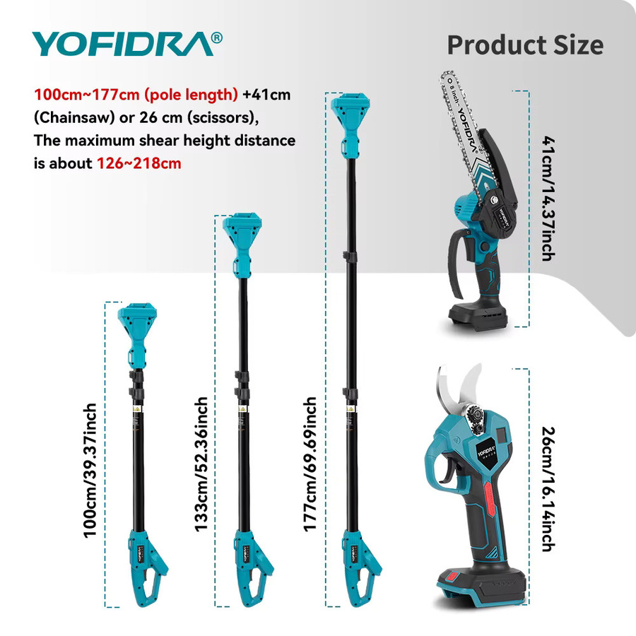 YOFIDRA 4-in-1 Akku-Astschere mit Teleskopstab, bürstenloser Hochleistungs-Astschnitt mit 8-Zoll-Kettensäge und 32-mm-Schere, blau, kompatibel mit Makita 21V LXT Akku - Bild 3