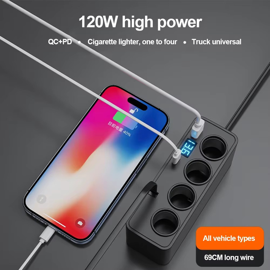 120 W Auto-Zigarettenanzünder-Adapter mit einziehbarem Kabel, QC3.0 und PD30 W Schnellladung, Spannungsanzeige, Schwarz, 12 V/24 V - Bild 4