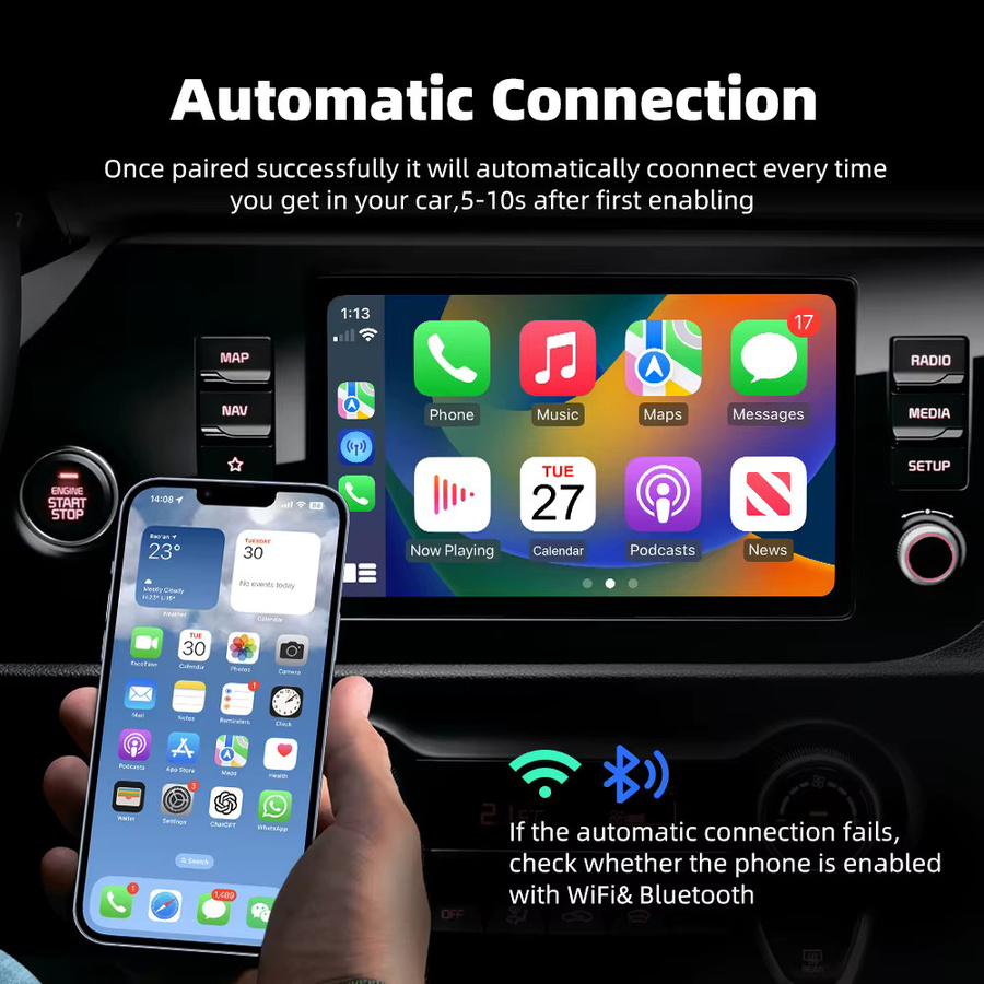 EKIY 2in1 Wireless CarPlay Adapter und Android Auto Dongle Smart AI Box in Schwarz für Fahrzeuge mit kabelgebundenem CarPlay - Bild 5