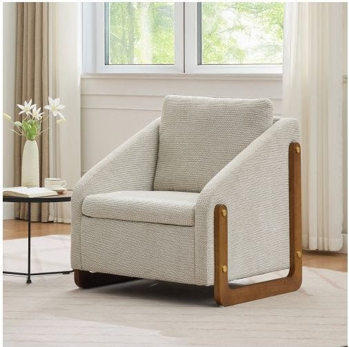 MUVOE Beistellsessel in Beige aus Chenille-Samtstoff mit Holzgestell und Armlehnen, moderner Liegesessel im skandinavischen Design - Bild 1
