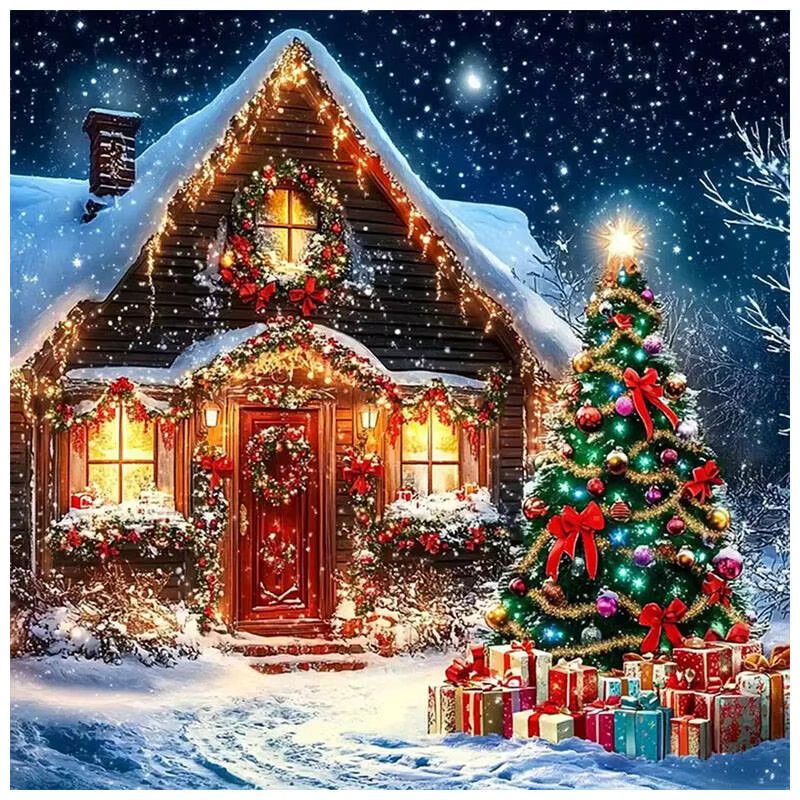 HUACAN Diamant-Malerei Hauslandschaft mit Baum als Weihnachts-Mosaik-Dekoration in Multicolor mit quadratischen Bohrern - Bild 4