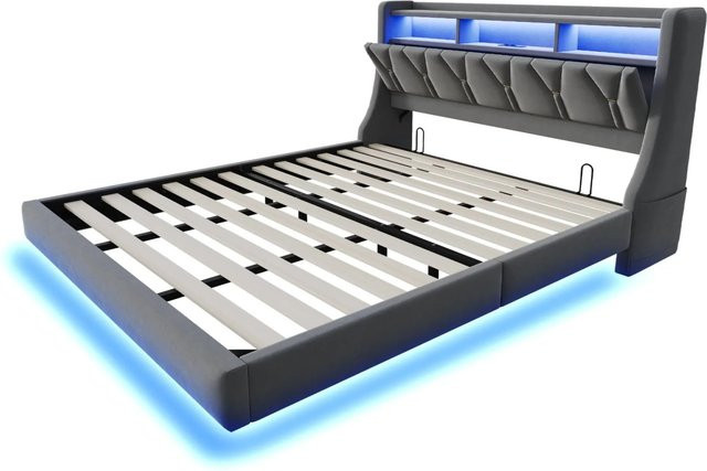 Merax Polsterbett mit LED-Beleuchtung, USB-Ladeport und Stauraum in Grau Samt, B/T: 180 x 200 cm - Bild 1