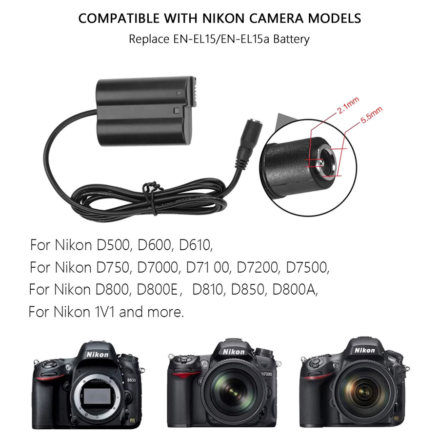 EP-5B Dummy-Akku-Set mit Netzteilanschluss für Nikon Z5, Z6, Z6 II, Z7, Z7 II, Z8, D500, D610, D750, D780, D800, D800e in Schwarz - Bild 5