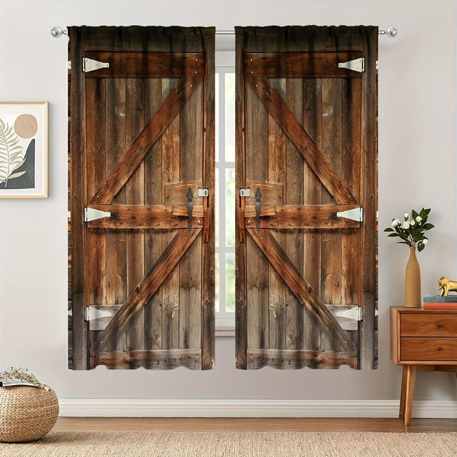 2er-Set Yiran Furniture Vorhänge mit Holzturm-Muster in Braun, semi-transparent, Polyester, B/H: 175 x 220 cm - Bild 1
