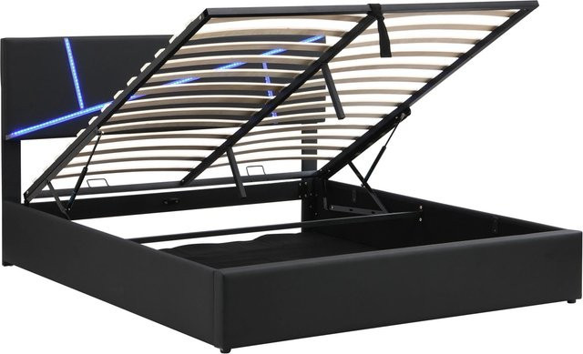 okwish Polsterbett mit LED-Lichtleisten und Lift-up-Funktion in Schwarz, B/T/H: 140 x 200 x 109 cm - Bild 1