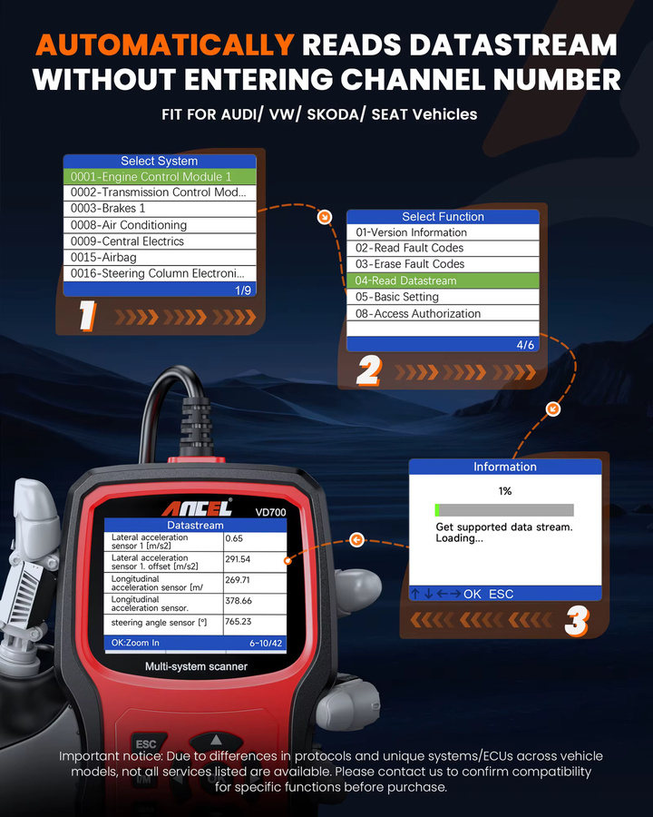 ANCEL VD700 Professioneller OBD2-Scanner Auto-Codeleser für VW, Audi, Seat und Skoda in Schwarz mit Öl-, EPB-, SAS- und TPMS-Reset - Bild 4