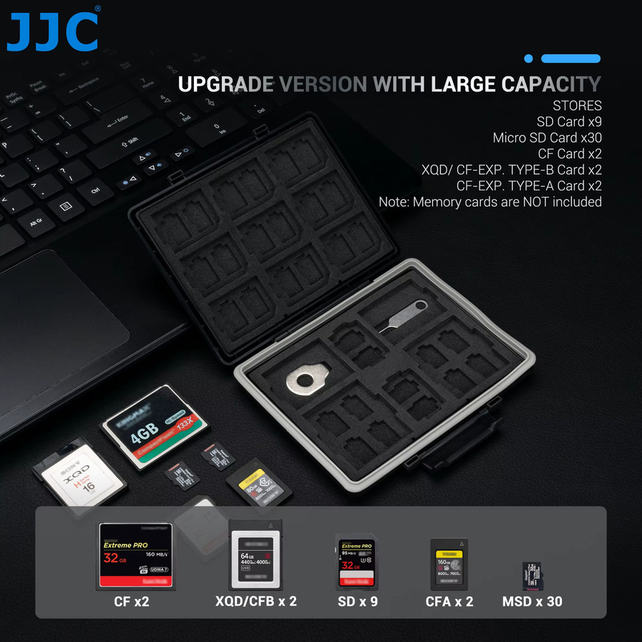 Jjc Speicher Karten Etui in Schwarz für SD, Micro SD, TF, CF, XQD und CF Express Typ A/B inklusive Kartenwerkzeug und wasserdichtem Schutz - Bild 2