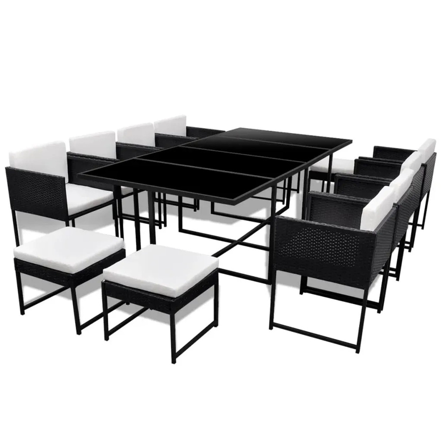 vidaXL 13-teilige Garten-Essgruppe aus Poly Rattan mit Auflagen und Glastisch in Schwarz - Bild 2