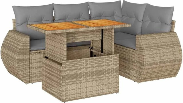 vidaXL 5-teilige Garten-Sofagarnitur in L-Form aus Poly-Rattan und Akazienholz mit Kissen in Beige-Grau - Bild 1
