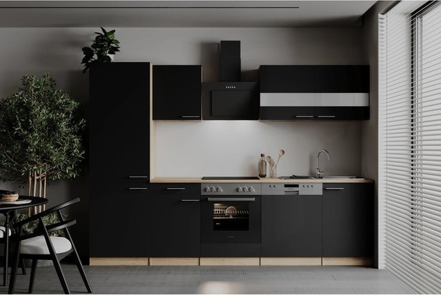 Respekta Küchenzeile Merle modern in Schwarz mit Eiche Sägerau Nachbildung, Breite: 280 cm - Bild 1
