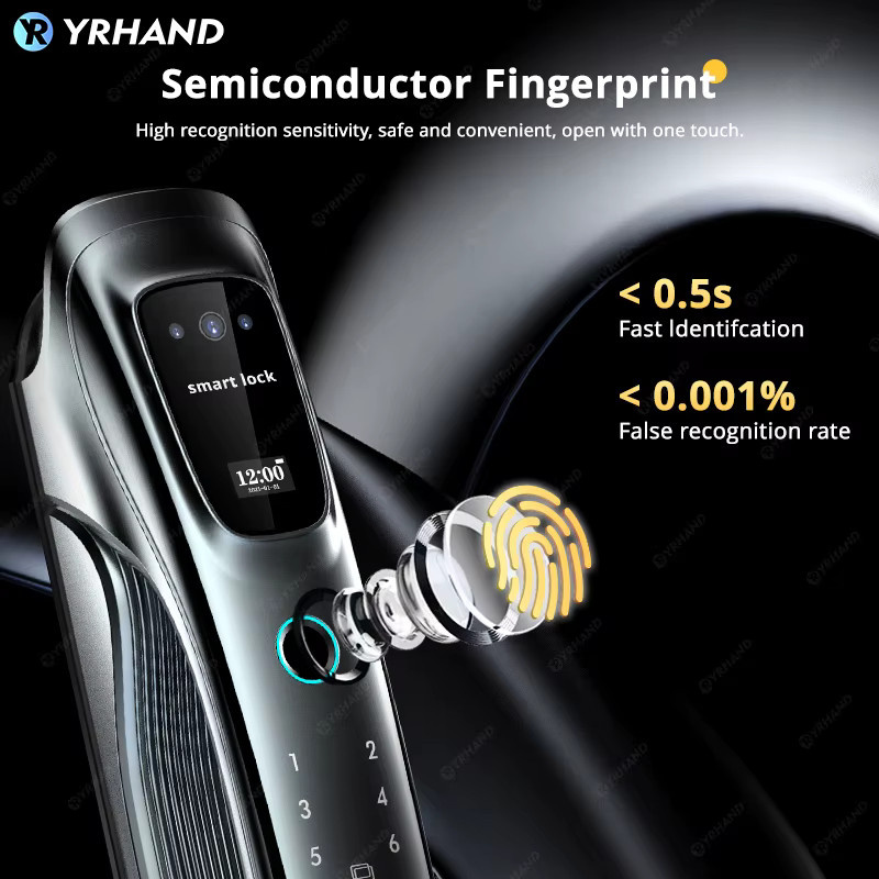 YRHAND Intelligentes Türschloss in Schwarz mit 3D-Gesichtserkennung, Handvenen- und Fingerabdruckerkennung, WLAN, App-Fernsteuerung und Video-Gegensprechanlage - Bild 2