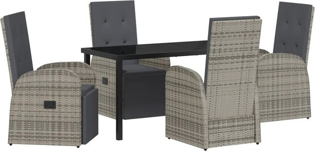 vidaXL Garten Essgruppe aus Poly-Rattan mit Kissen und Glastisch, 5-teilig, Grau - Bild 1