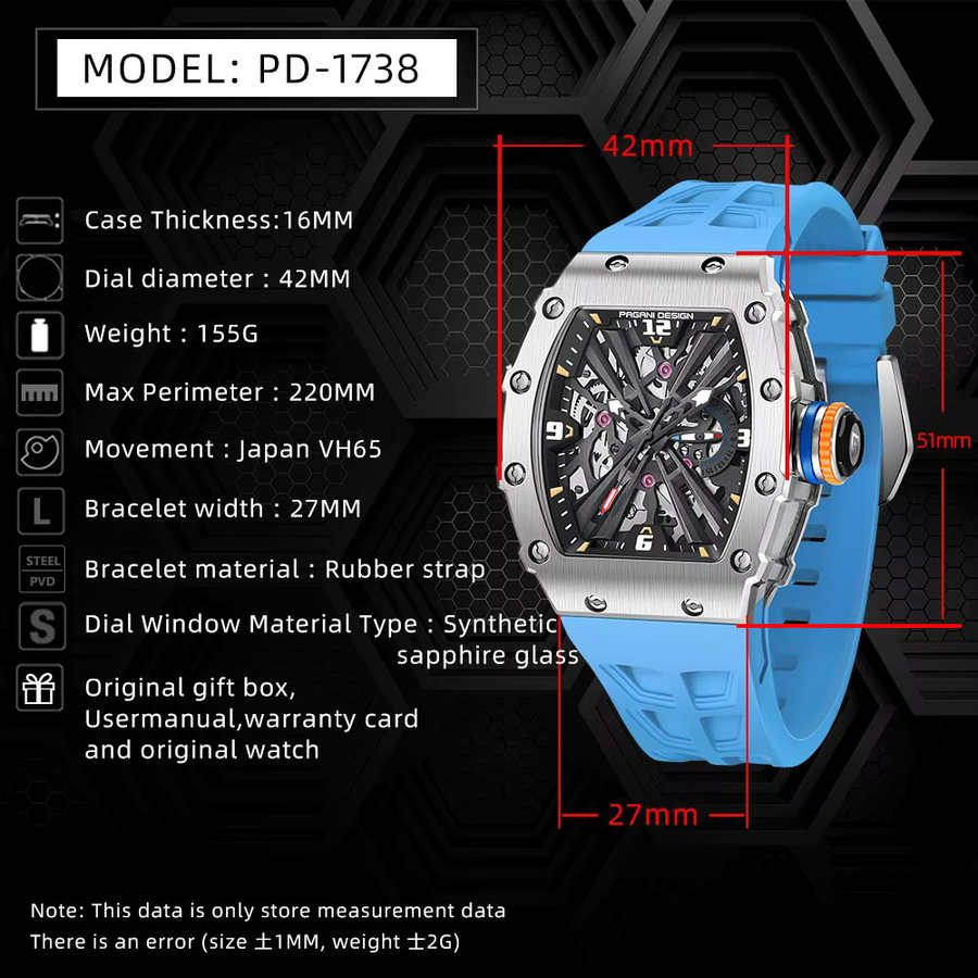 Pagani Design Armbanduhr, Quarz, Edelstahl, Saphirglas, Rechteckig, Herren - Bild 2