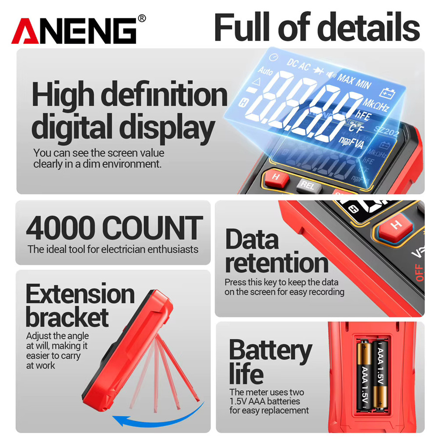 ANENG SZ 202 Digitaler Multimeter-Tester Schwarz für AC/DC-Spannung, Strom, Widerstand, Kondensator und NCV-Messungen mit 4000 Zählungen - Bild 6