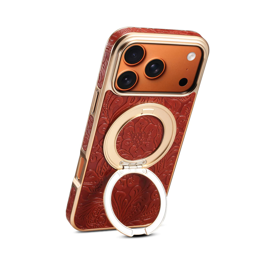 Denior Echtleder Handyhülle mit 360 Grad drehbarer Halterung und Retro-Design für iPhone 17 16 15 14 13 Air Pro Max in Rot - Bild 2