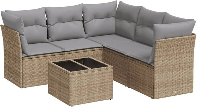 vidaXL 6-teilige Garten-Sofagarnitur in L-Form aus PE-Rattan und pulverbeschichtetem Stahl, Beige-grau mit Sitzkissen und Rückenkissen inklusive Gartentisch - Bild 1