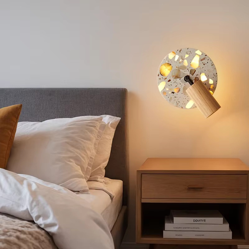 Pumous Wabi Sabi LED-Wandleuchte aus Stein und Holz mit Zugkettenschalter in Mehrfarben - Bild 2