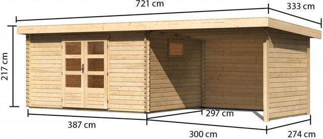 Gartenhaus Holz TRITTAU 5 Blockbohlenhaus in Naturbelassen mit Anbaudach, Seiten- und Rückwand, B/T: 387 x 297 cm, 38 mm Wandstärke - Bild 1