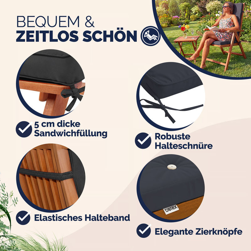 6er-Set Vanamo Stuhlauflagen für Hochlehner in Anthrazit aus wasserabweisendem Detex Polyester, B/T/H: 45 x 45 x 5 cm - Bild 3