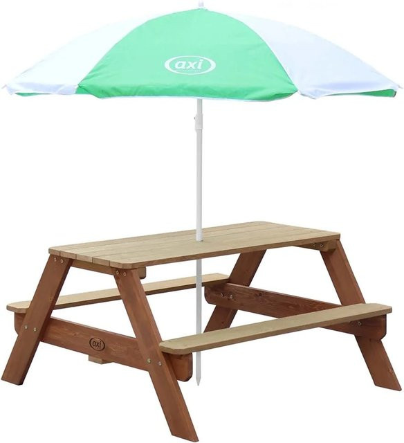 Axi Nick Picknicktisch für Kinder aus Hemlock-Holz in Braun mit Sonnenschirm in Grün-Weiß, B/T/H: 95 x 98 x 49 cm - Bild 1