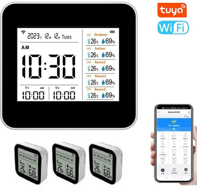 TOMTOP JMS 13 in 1 Tuya WIFI Intelligentes Thermometer Hygrometer mit 3 Untereinheiten, Temperatur- und Feuchtigkeitsmessgerät, Schwarz - Bild 1