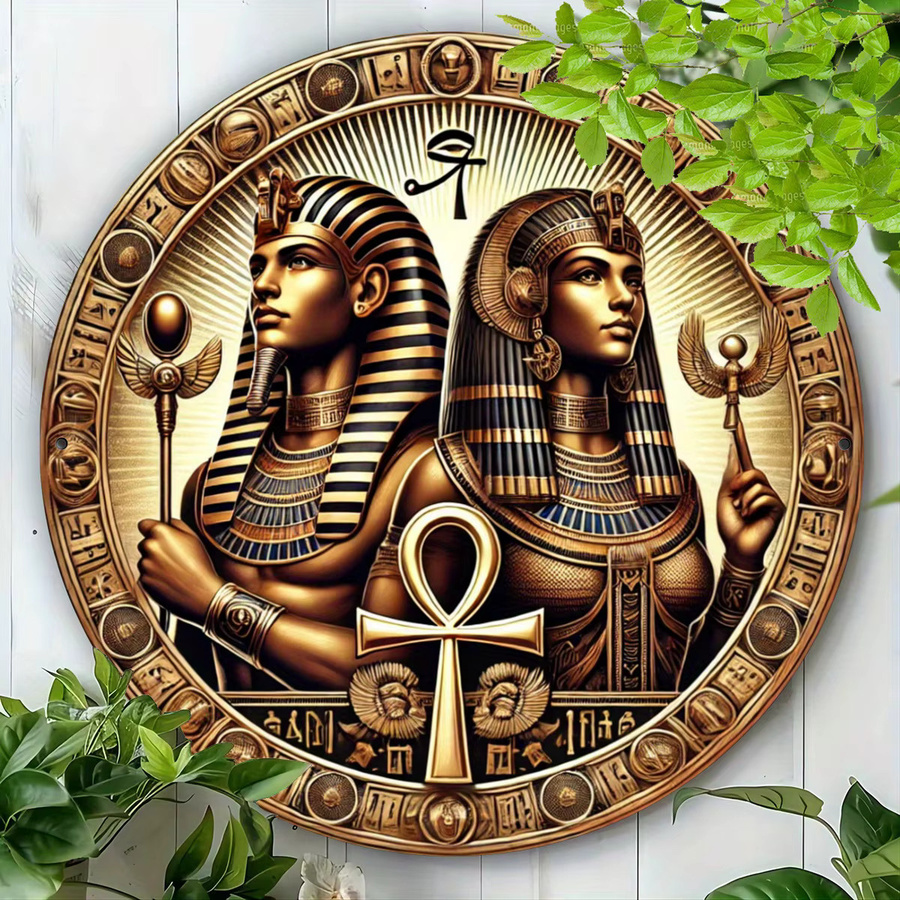 Rundes Metallblechschild HELLOYOUNG im Vintage-Stil mit ägyptischem Pharao und Königin, Kupfer- und Goldoptik mit Hieroglyphen, Durchmesser: 20 cm - Bild 2