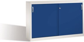 C+P Akten-Sideboard Acurado mit Schiebetüren und Schloss, Front Enzianblau, Korpus Lichtgrau, H: 100 cm, B: 160 cm, T: 40 cm - Bild 1