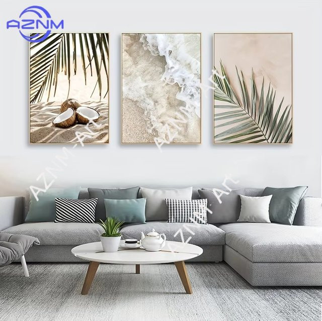 AZNM Rahmenloses Leinwand-Gemälde Seelandschaft mit weißen Wellen, Strand und Palmblättern in Multicolour zur Wanddekoration - Bild 1