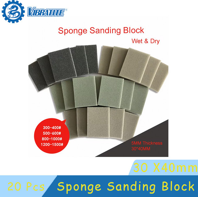 Vibratite Schleifschwamm-Set mit 20 Sandblock-Pads, Körnung 300–1500, sortiert, B: 30 mm x T: 40 mm, ideal zum Schleifen und Polieren von Metall, Holz und Trockenbau - Bild 1